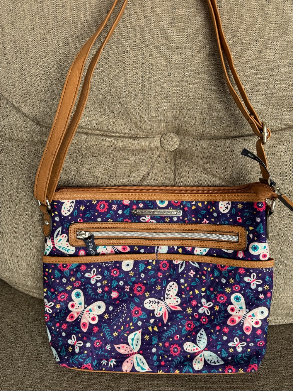 Lily Bloom Navy Butterfly Print Crossbody with Tan Trim